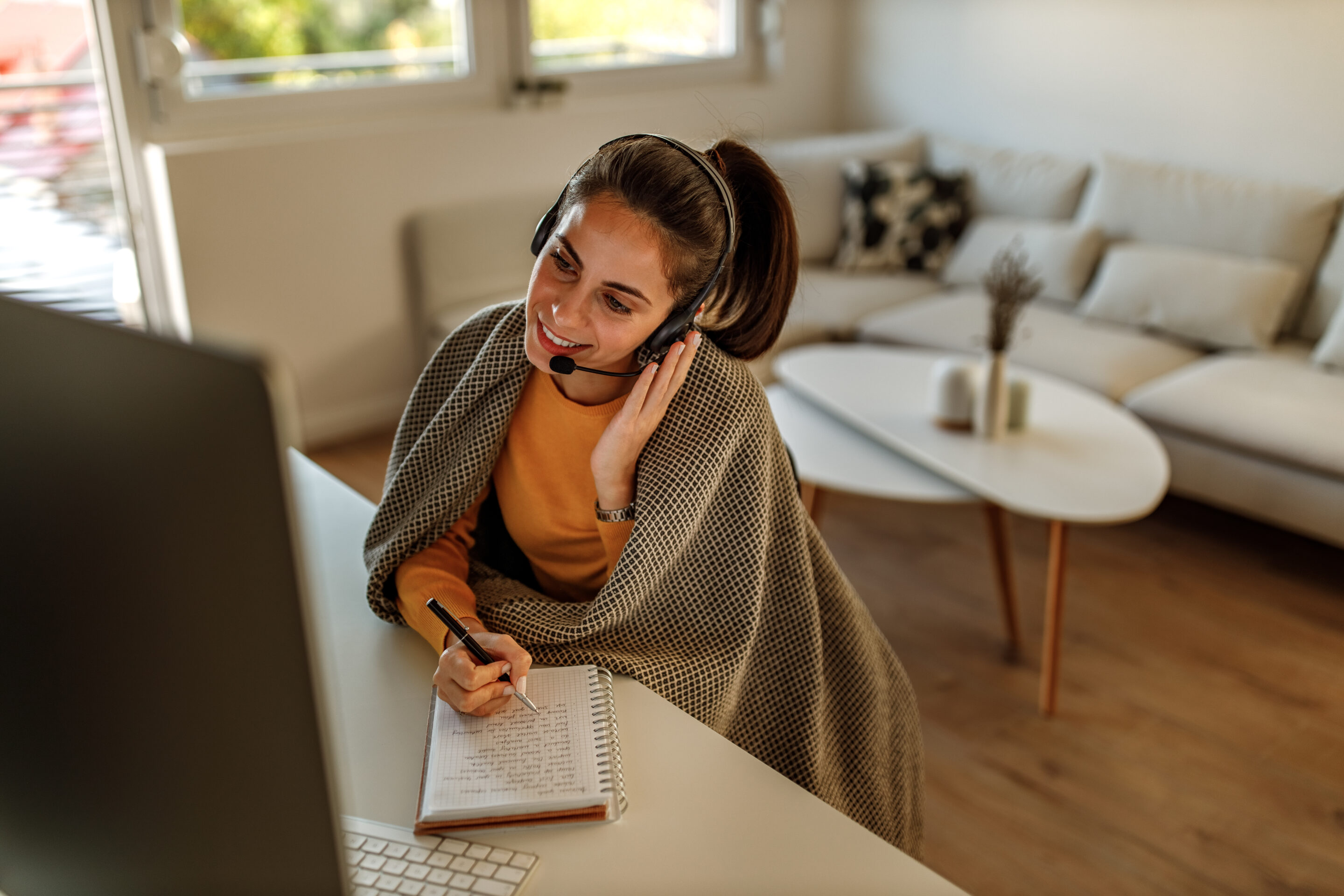 woman working from home as a customer service call center agent in florida