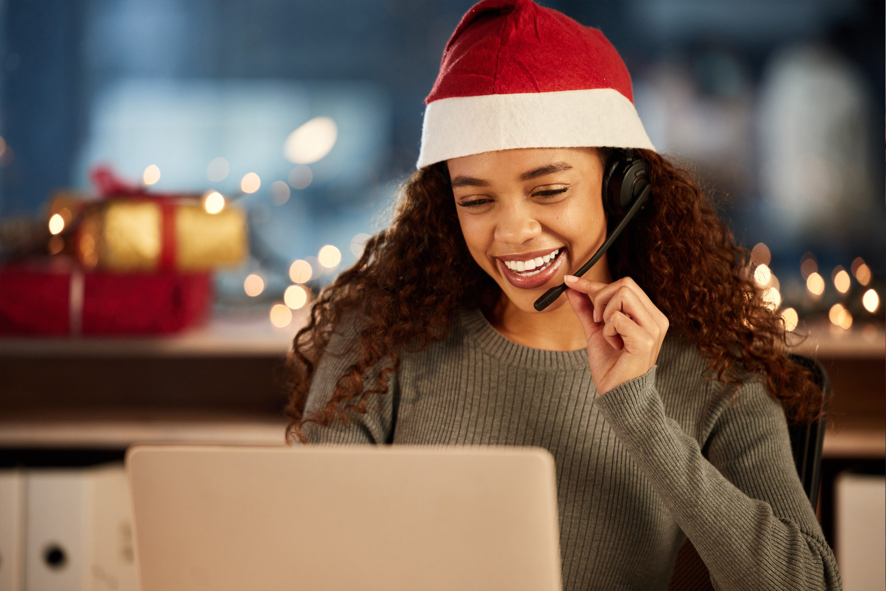 call center customer service agent on the phone during holidays